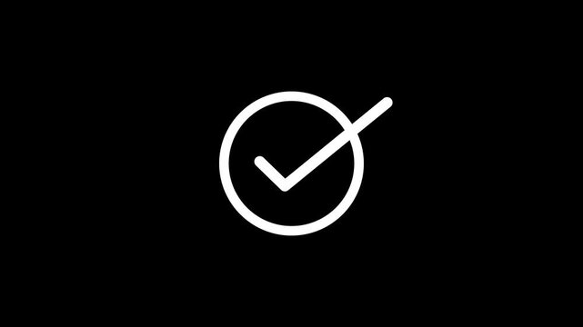 Minimalist white check mark inside a simple circle outline icon on a solid black background for user interface design and digital navigation elements