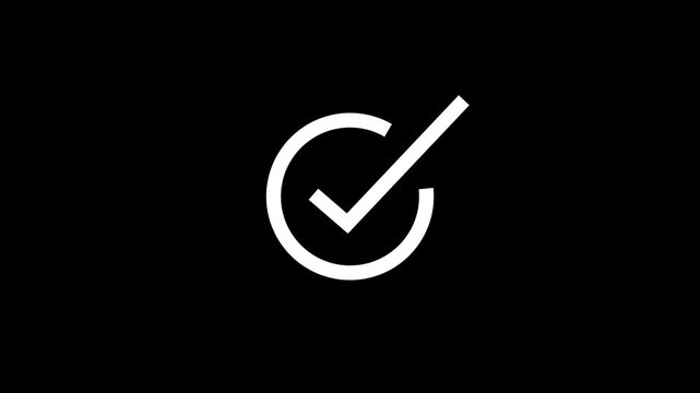 Simple white check mark icon inside a circle shape isolated on a black background representing a task complete or correct choice symbol for web design and user interface applications and buttons