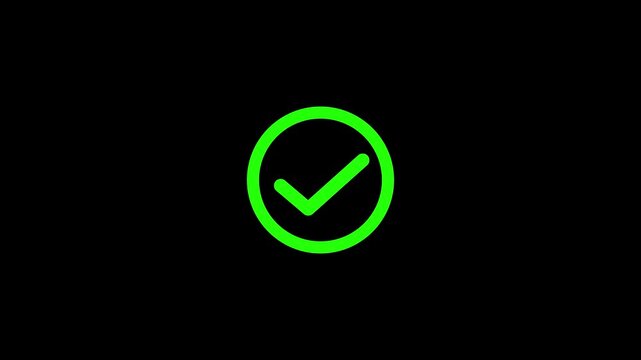Neon green check mark inside a circle icon on a black background representing task completion and success symbol