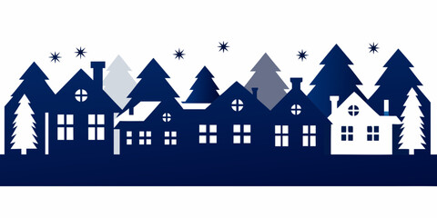 Stylized Townscape With Blue Houses And Pine Trees Vector Illustration © Tilottama