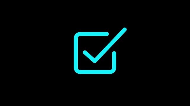 Neon blue square frame icon with a small diagonal line inside on a black background representing a digital interface element or a minimalist graphic design symbol for user interface applications