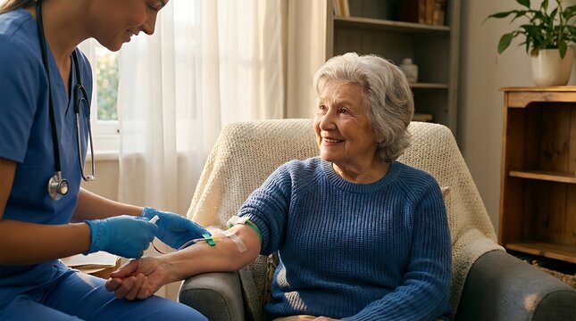 Nurse taking blood sample from elderly woman patient arm at home, medical care for senior citizen, caring and healthcare service.