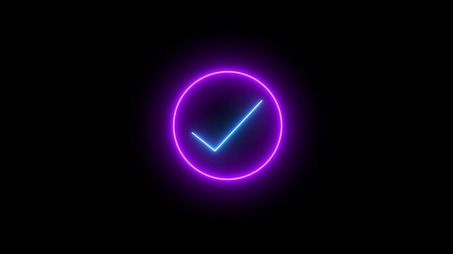 Glowing purple neon circle with a blue check mark symbol in the center on a dark black background