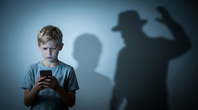 Serious young boy staring at smartphone screen while dark silhouette of menacing stranger with hat looms in background representing cyberbullying or online threat to youth safety.