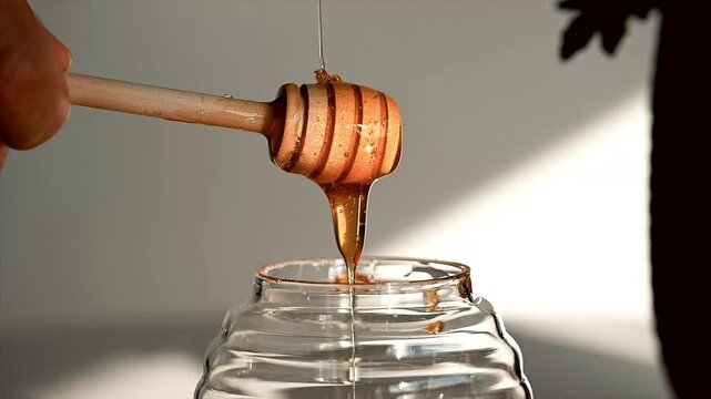 Close-up of golden honey dripping from a wooden dipper into a glass beehive jar in warm sunlight.