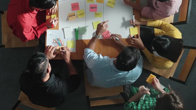 Top view of people writing and making scrum task board while writing marketing and planning strategy at colorful sticky notes. Smart team manage work performance by using kanaban board. Convocation.