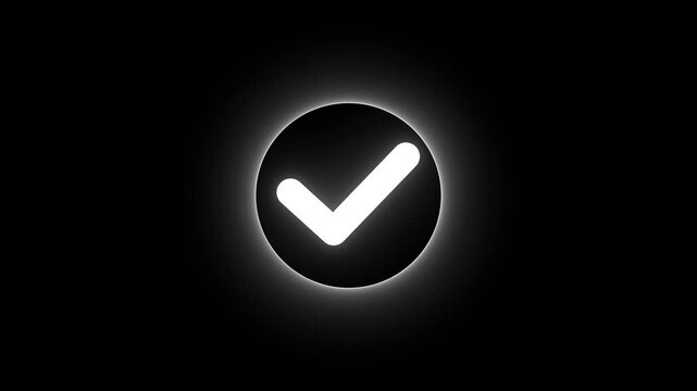 Glowing white check mark symbol inside a dark circle button representing a correct choice or success status for digital user interface design and mobile application navigation systems