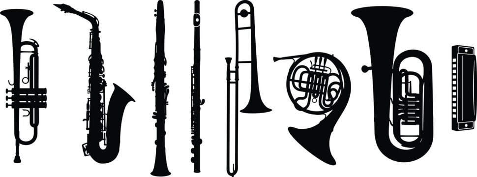 Black Silhouette Vector Set of Trumpet, Saxophone, Clarinet, Flute, Trombone, Horn, Tuba, and Harmonica