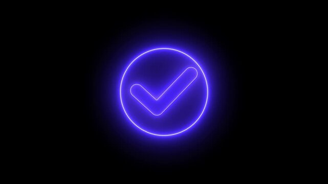 Glowing blue neon check mark icon inside a circle symbol representing success and approval on a dark black background for digital user interface design