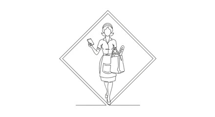 Fototapeta premium Retro Woman with Groceries, Single Line Art, Vintage Style, Shopping Bag & Coffee