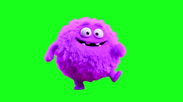 A funny 3D cartoon monster with bright purple fur and large eyes smiling and walking in place against a green screen backdrop. Excellent for children's entertainment, mascot branding, and playful moti