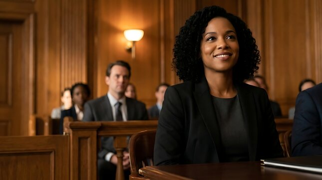 Smiling woman in courtroom, professional attire, legal setting, justice, law, court trial, lawyer or judge, diverse representation, confidence and success.