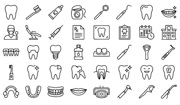 Dental health icons set tooth care hygiene treatment and orthodontics line art collection