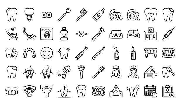 Dental health icon set tooth care hygiene and treatment line art illustrations