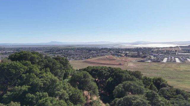 Aerial over an oak canopy toward the town of American Canyon and the shimmering wetlands of San Pablo Bay, Napa County, California. 4K, no people.