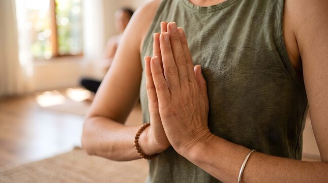 Close up of person hands in prayer position during yoga session