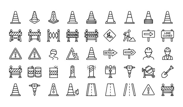 Construction zone icons set road work safety workers detour and traffic control line art