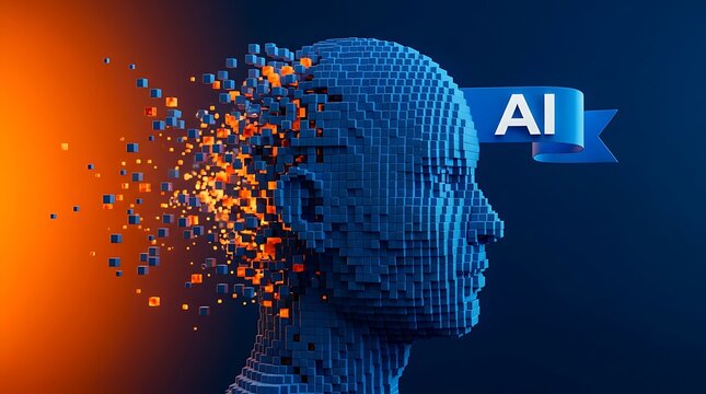 Abstract human head made of digital blue and orange cubes dissolving into particles with ai sign banner concept of artificial intelligence machine learning technology and innovation.