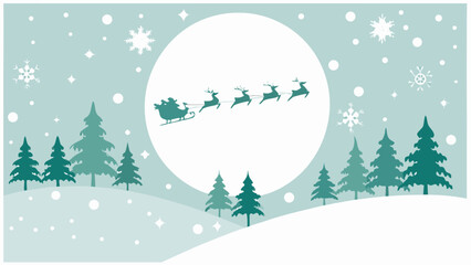 Santa claus and reindeer sleigh illustration with winter trees and moon © arjun