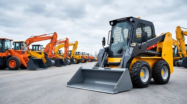 Compact yellow skid steer loader stands parked on paved lot with various construction machines lined up behind it under cloudy overcast sky at equipment dealership yard in daytime.