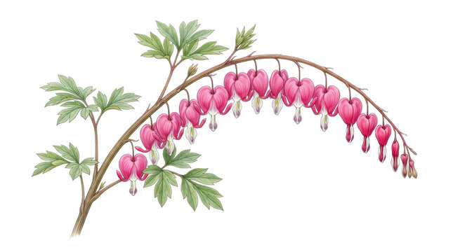 A delicate branch of pink bleeding heart flowers with green leaves on a white background.