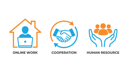 Fototapeta premium Vector graphic illustration Set of business icons showing online work cooperation and human resource concepts with orange and blue line art design