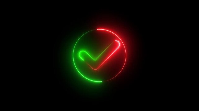 Glowing neon check mark icon with a vibrant green and red circle frame design isolated on a dark black background for digital user interface graphics and web feedback button elements illustration