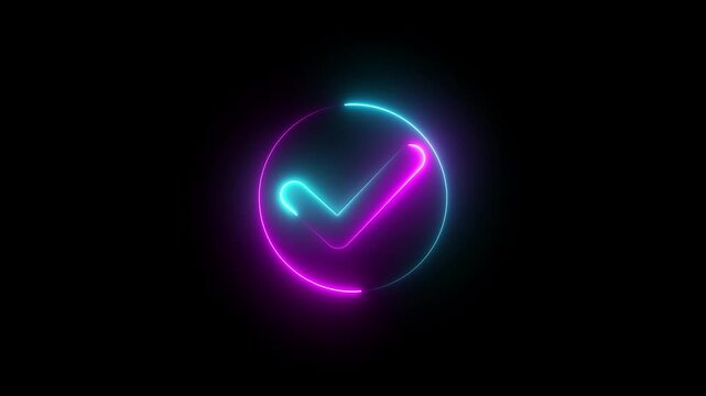 Glowing neon check mark icon inside a circle with vibrant purple and blue light lines on a dark black background