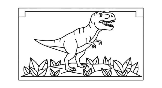 Cute Dinosaur Roaring in a Prehistoric Landscape, Line Art Coloring Page