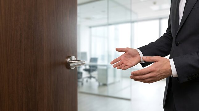 Businessman welcomes with open hands, inviting into office through opened door showing modern business interior with glass partitions and workstations.