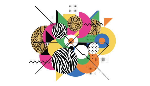 Abstract geometric composition in memphis style featuring zebra and leopard print circles and colorful vector shapes.