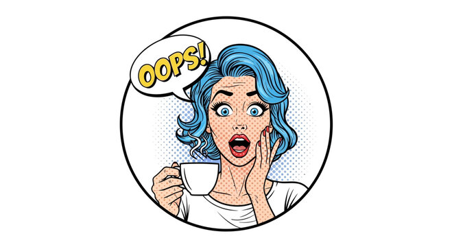 Woman Shocked by Coffee Spill, Oops Moment, Comic Style