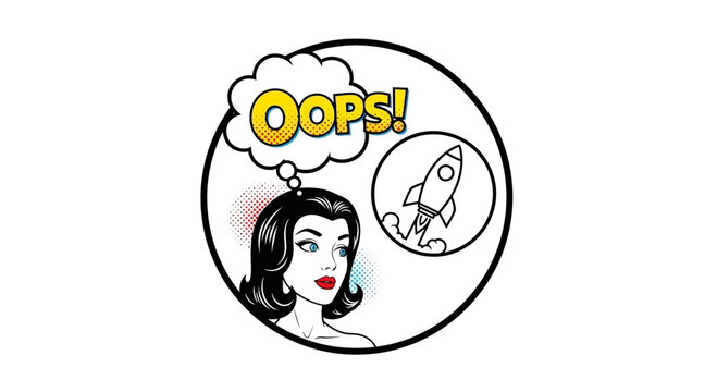 Woman Thinking Oops! Rocket Launch Mishap, Pop Art Style