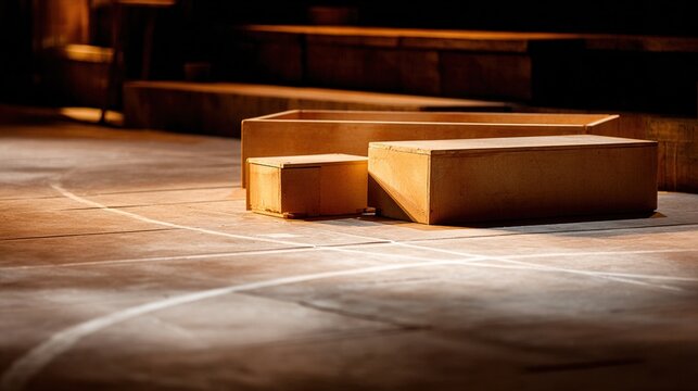 rehearsal. Simple wooden stage props on an empty theater floor with dramatic side lighting. event programs, museum guides, designed for cultural heritage projects and event programs.
