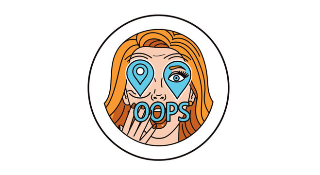 Woman with Location Pins in Eyes and "OOPS" Text, Expressing Surprise or Error