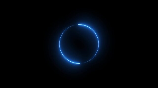 Abstract glowing blue neon circle frame with light particles on a dark background for digital technology design