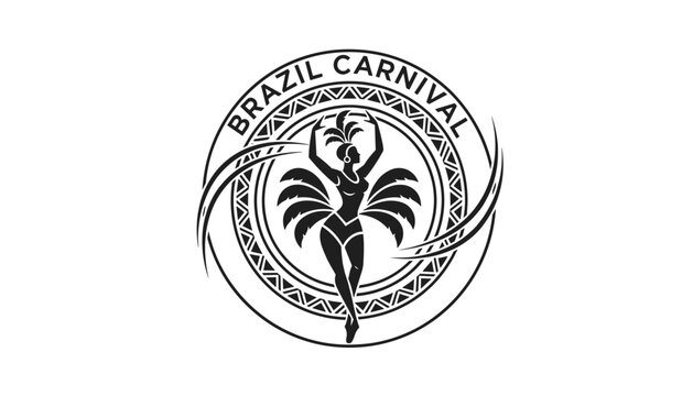 Black and white circular emblem design for brazil carnival featuring a dancing woman in feather costume.