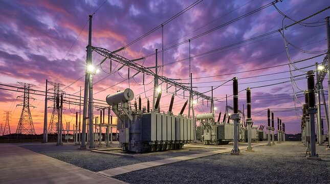 Electrical substation at dusk with dramatic purple pink sky powerful electricity infrastructure with transformers and high voltage lines symbolizing power generation and distribution.