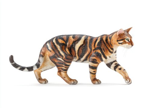 Tiger Cat Model With Orange Black Stripes Walking White Background Realistic Detail Studio Shot