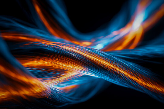 Glowing Fiber Optic Cable Bundle with Orange and Blue Light Close-Up