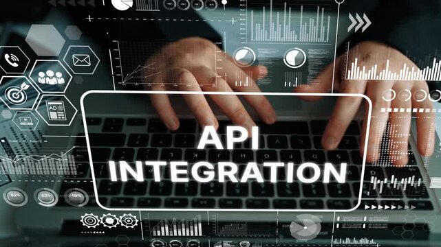 Hands Typing on Laptop Featuring Concept of API Integration with Data Visualization and Modern Graphical Elements. Asymptotic smart data analytic.