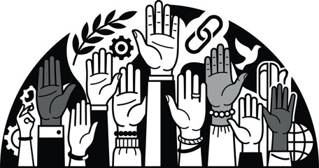 Fototapeta premium Black and white silhouette hands raised in unity with symbolic accessories on white background for social activism design
