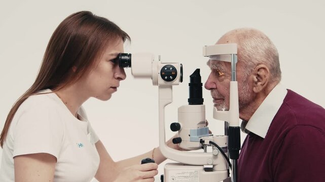 Female optometrist examines elderly male patient using slit lamp for eye examination, focused on eye health assessment in a clinical setting