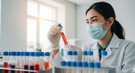 Fototapeta premium Female Scientist Analyzing Test Tube in Laboratory with Focus and Precision