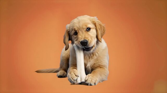 A charming 3D cartoon golden retriever puppy lying down and happily chewing on a large white bone. The asset features an orange studio background, making it perfect for pet care products, commercial a