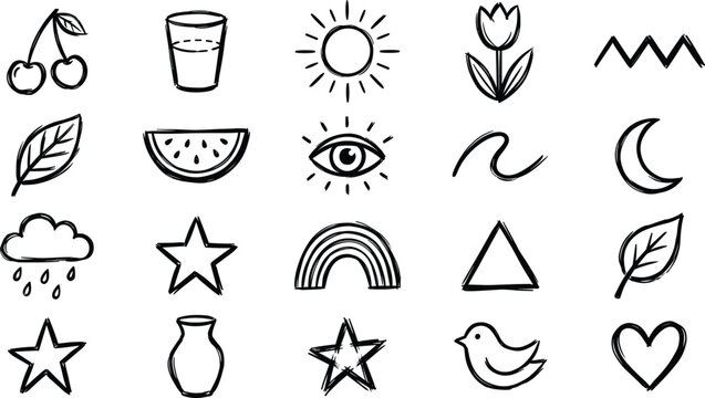 Hand drawn simple doodle line icon set containing sun moon star heart cloud rainbow flower and fruits