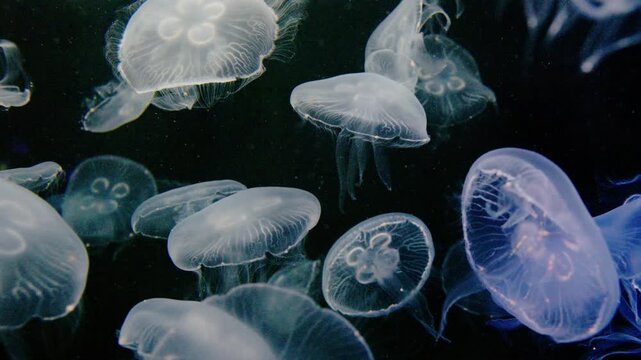 4K Video of moon jellyfish swimming gracefully against a black background.	
