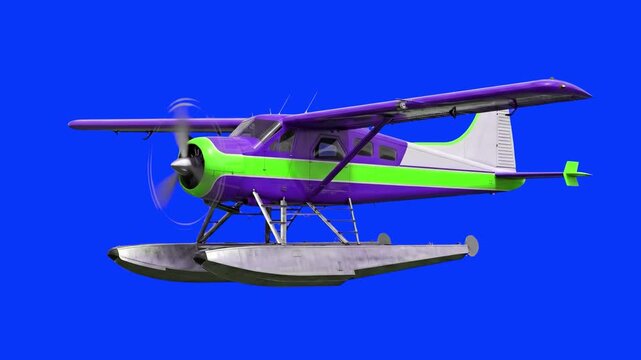 A detailed 3D model of a purple and green seaplane with its front propeller spinning rapidly, driving forward against a blue screen. This asset is isolated for seamless replacement in aviation and tra