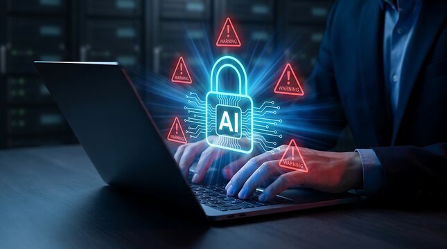 Cyber security concept artificial intelligence lock digital warning signs over laptop keyboard in dark office data protection and network threat alert information security ai analysis.