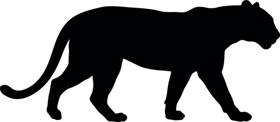 Black panther silhouette vector illustration walking profile view isolated on white background minimalist wild big cat tiger leopard jaguar icon design element © MstBizly
